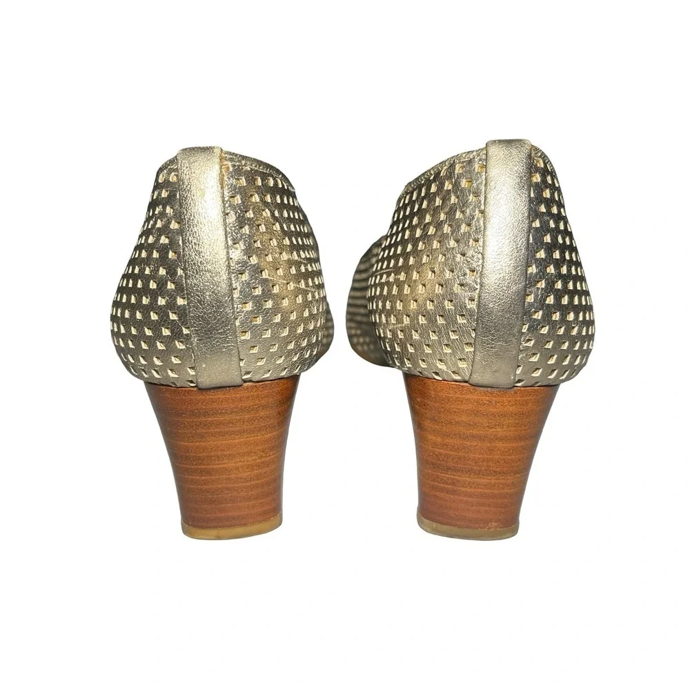 Stuart Weitzman Metallic Gold Perforated Leather Kitten Heel Pumps Size 8.5